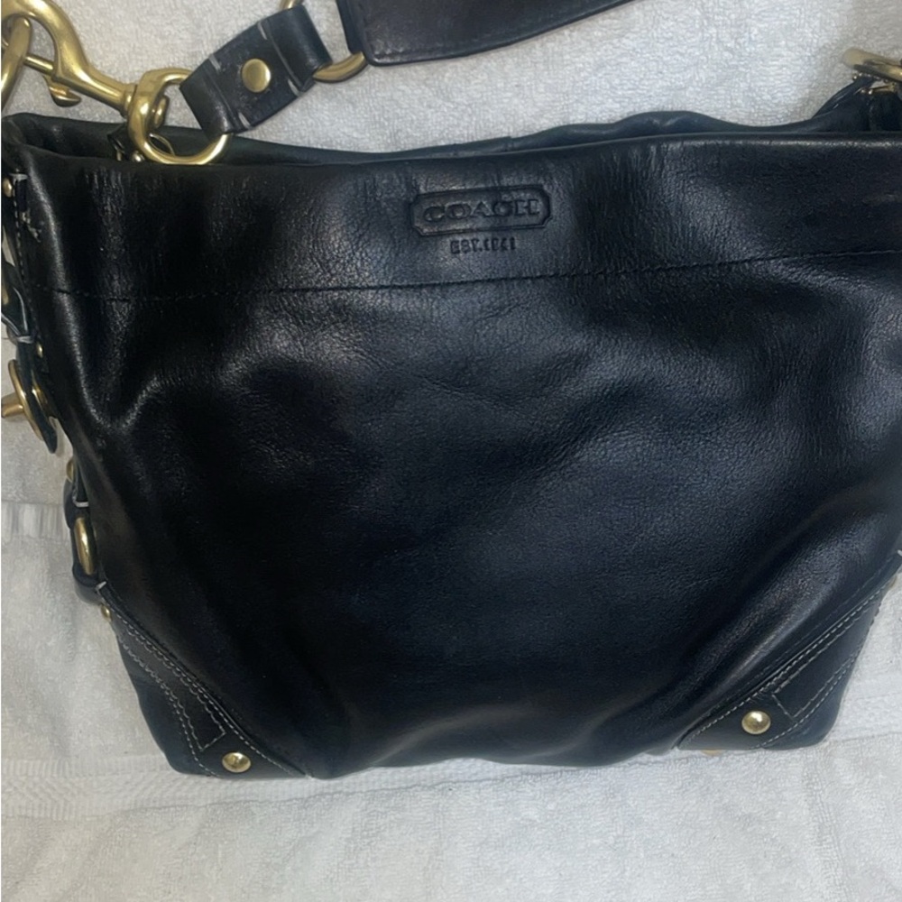 Coach Black Leather Carly hobo Shoulder Bag with Brass Accents